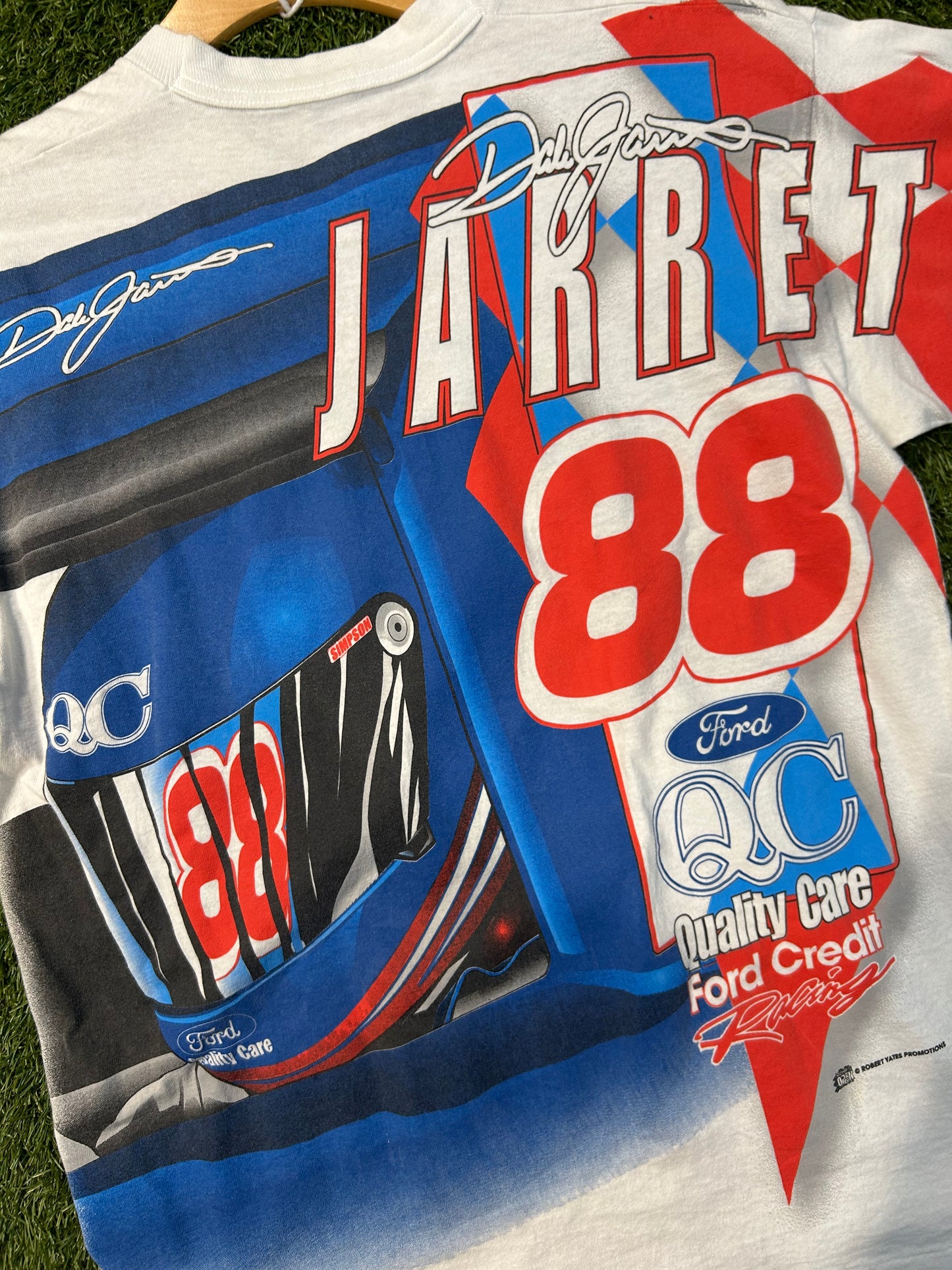 Vintage 90s Dale Jarret Quality Care Race Team NASCAR AOP Tee