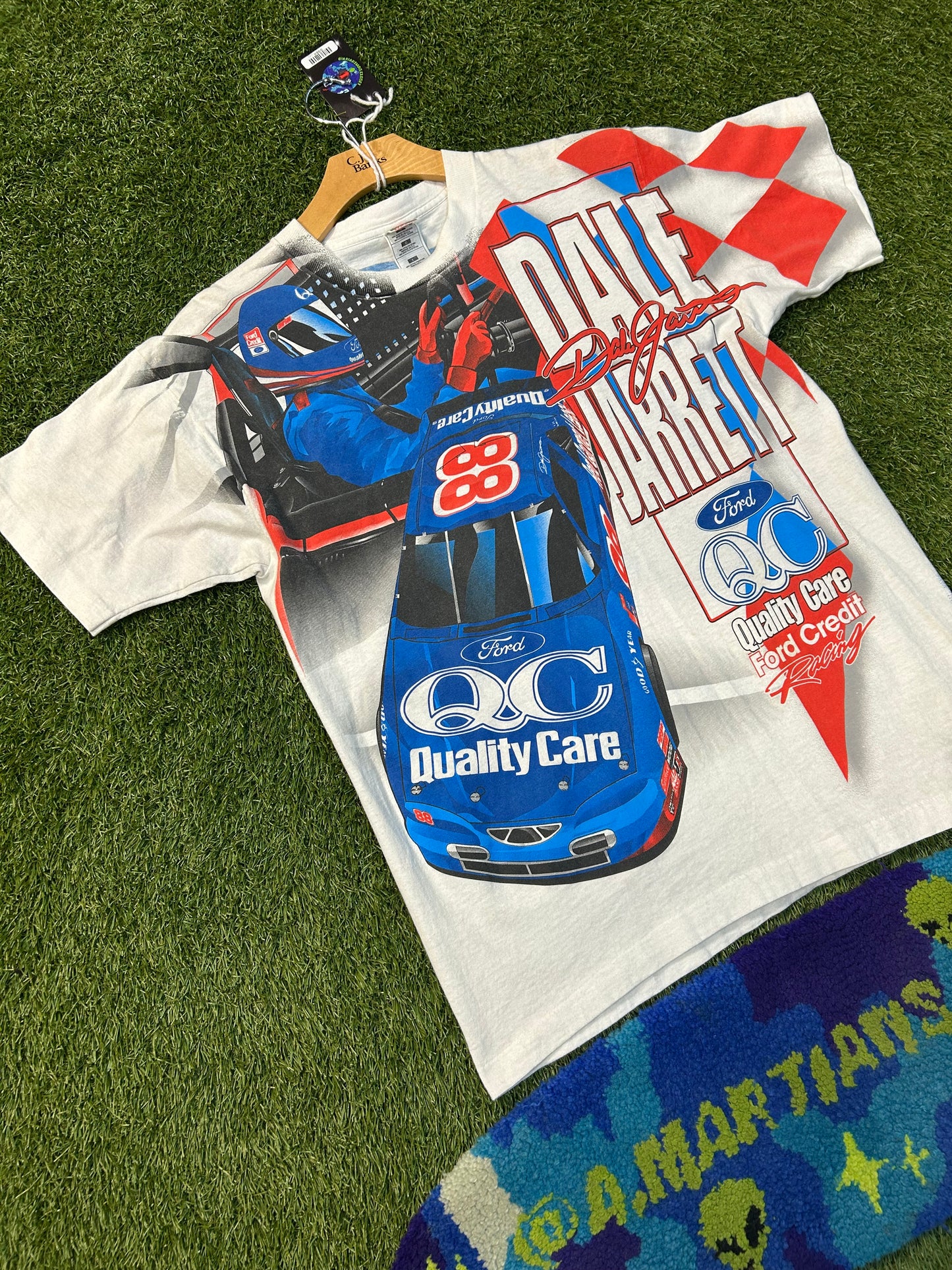 Vintage 90s Dale Jarret Quality Care Race Team NASCAR AOP Tee