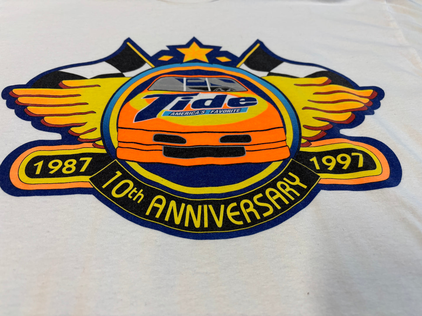 1997 Single stitch 10th Anniversary Tide NASCAR T-Shirt Size XL Hanes Heavyweight 50/50 tag