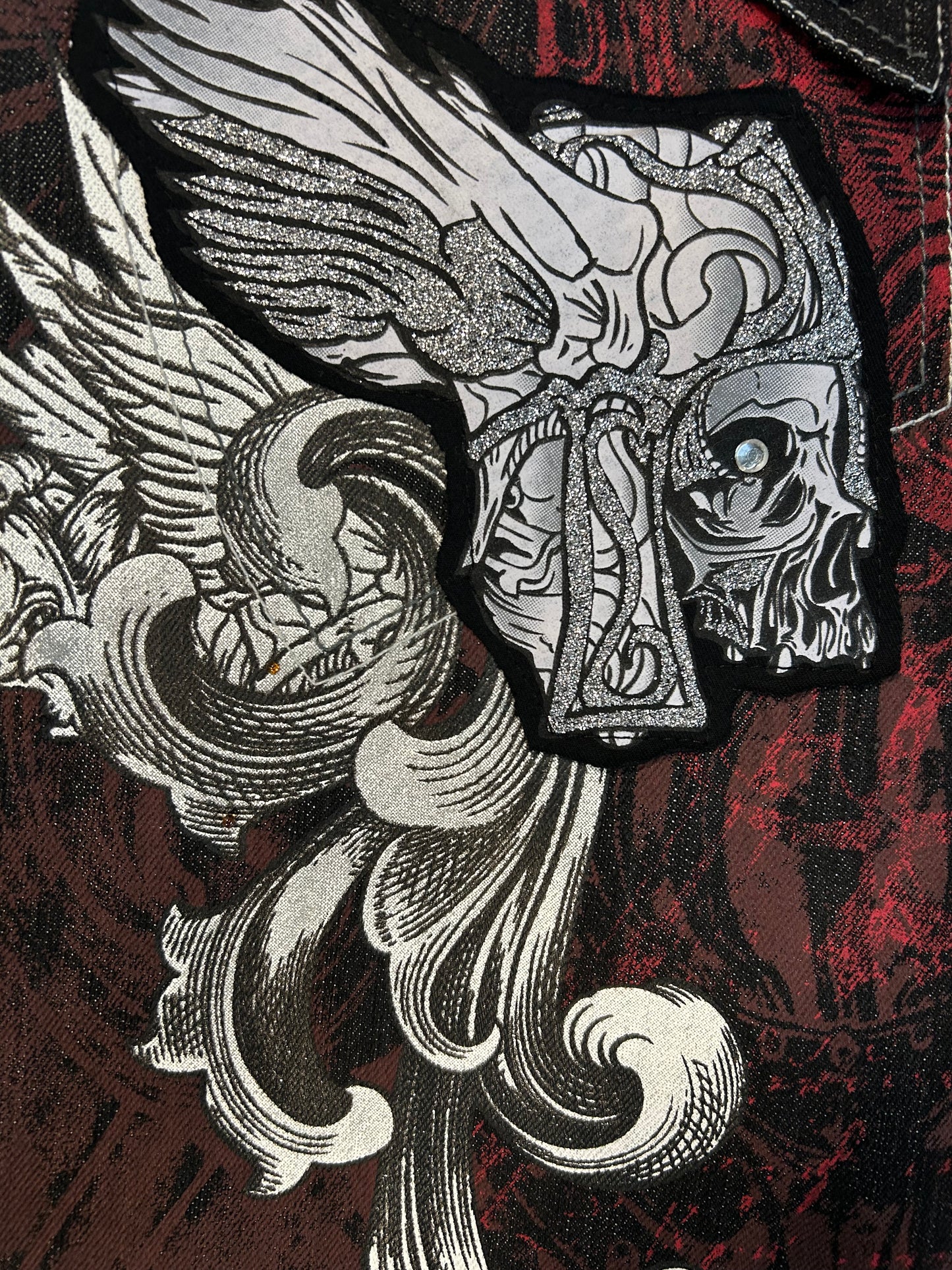 Y2K Red Back Viking Helment Affliction Style Denim Jeans