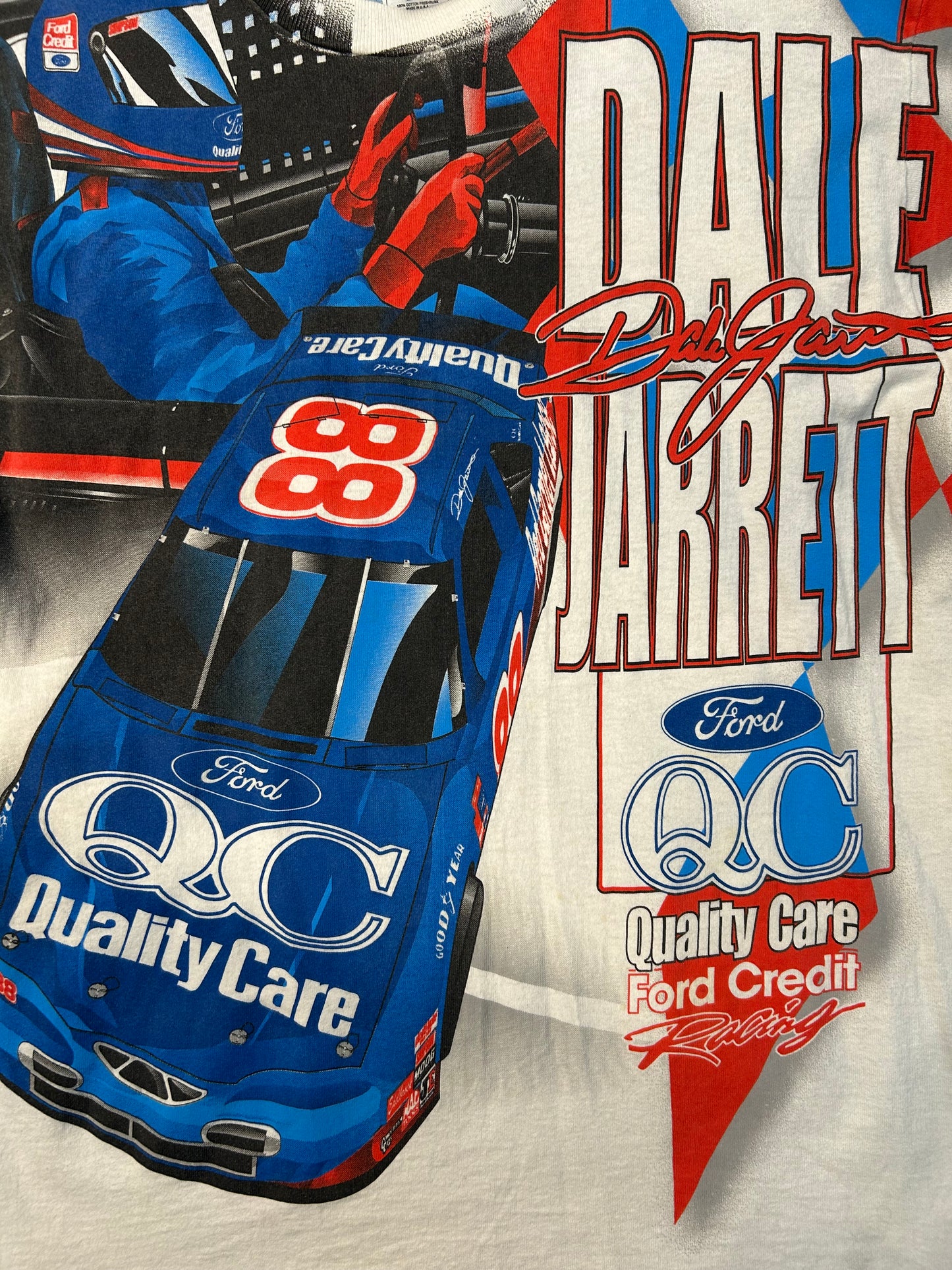 Vintage 90s Dale Jarret Quality Care Race Team NASCAR AOP Tee