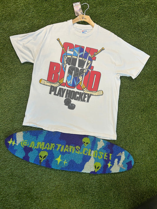 Vintage 1993 Give Blood Play Hockey Tee