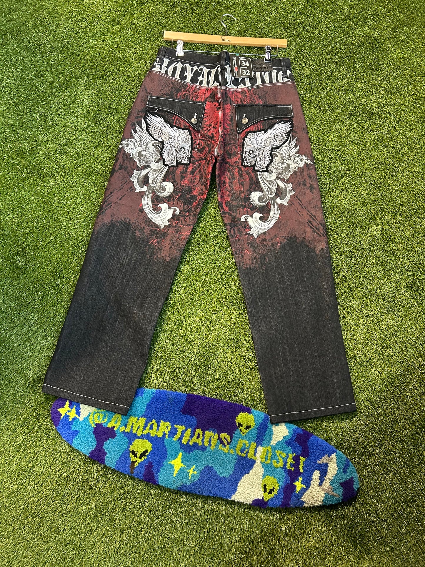 Y2K Red Back Viking Helment Affliction Style Denim Jeans