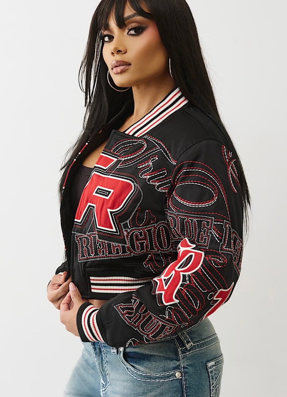 True Religion Women’s Embroidered Cropped Bomber Jacket