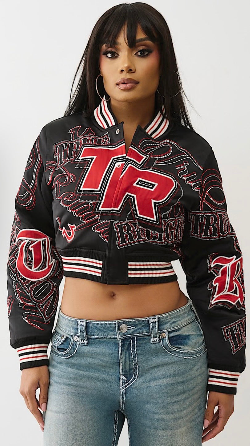 True Religion Women’s Embroidered Cropped Bomber Jacket