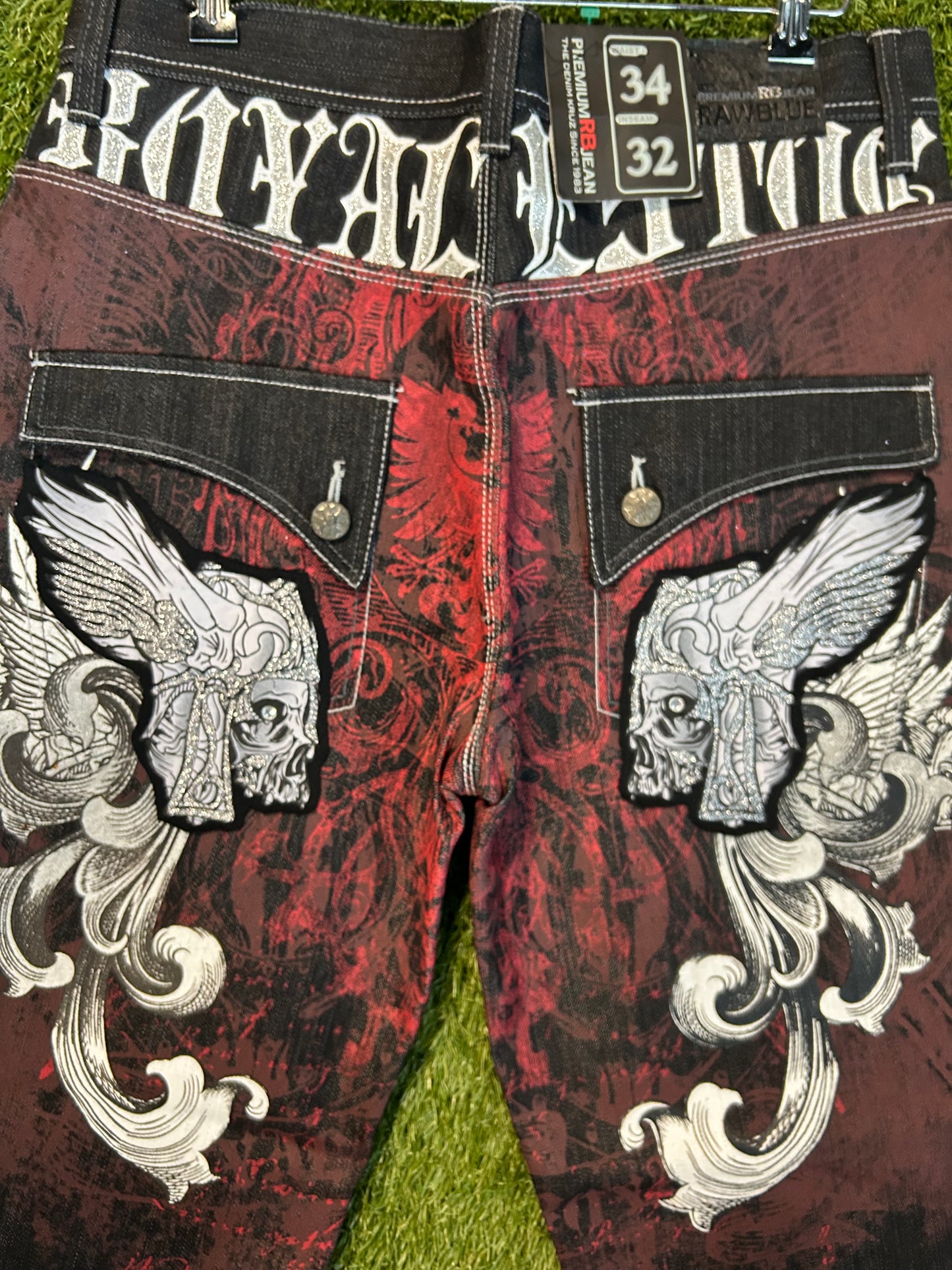 Y2K Red Back Viking Helment Affliction Style Denim Jeans
