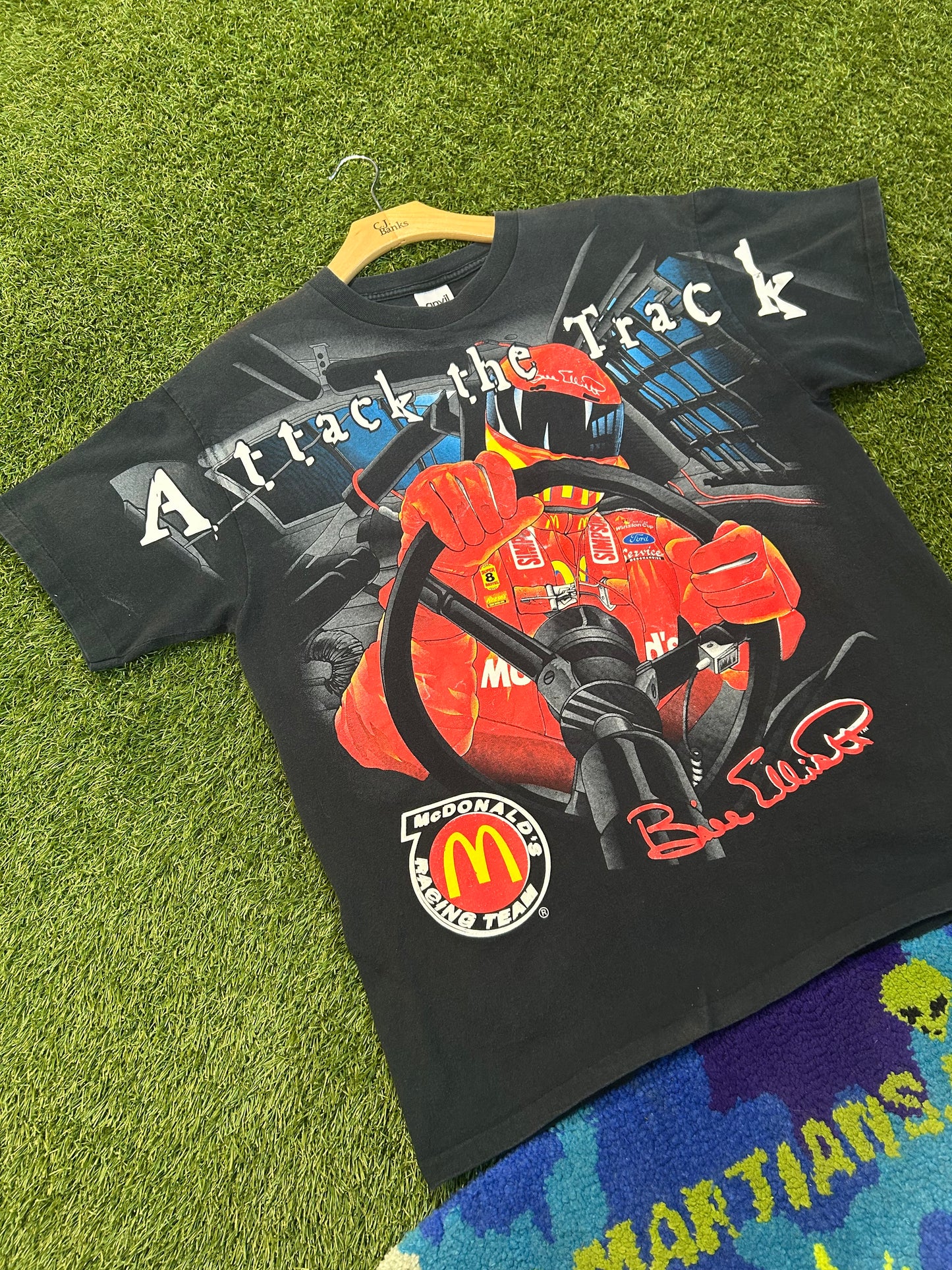 Vintage 1998 Bill Elliot Attack The Track AOP NASCAR Tee