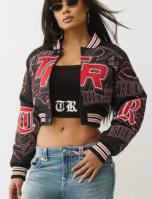 True Religion Women’s Embroidered Cropped Bomber Jacket