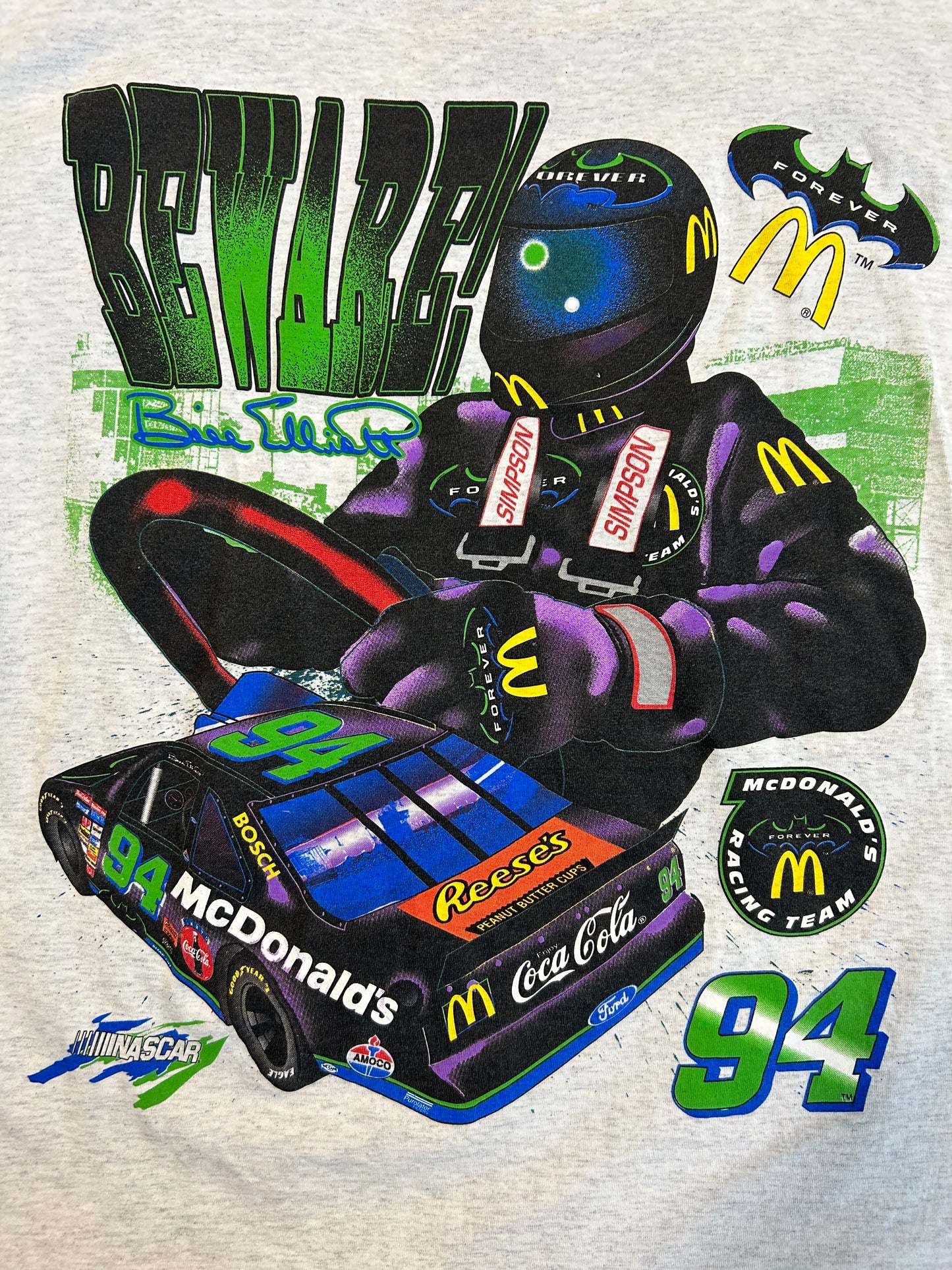 Vintage 1995 Bill Elliot Beware #94 X Batman Forever NASCAR Tee