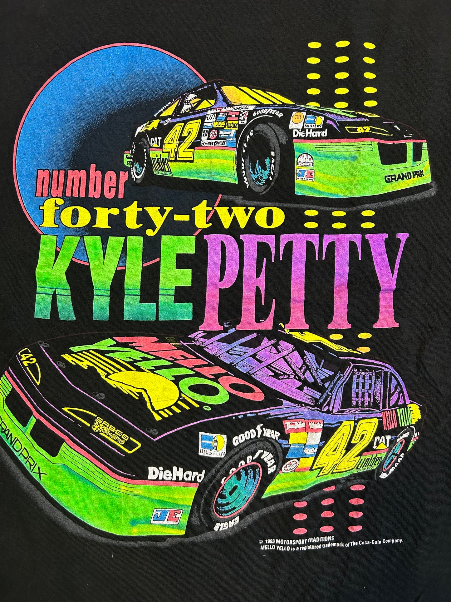 Vintage 1993 Kyle Petty # 42 Mellon Yellow Tee