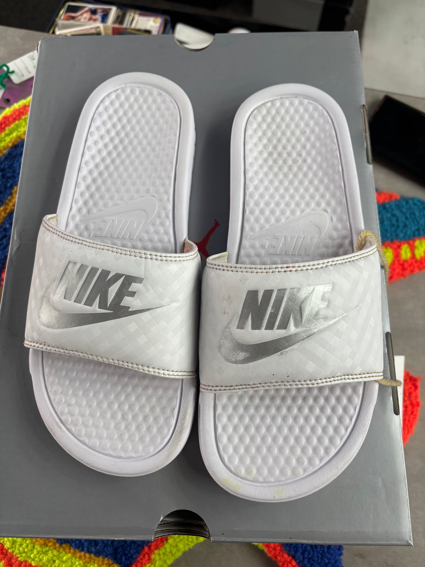 White Nike slides size 8w